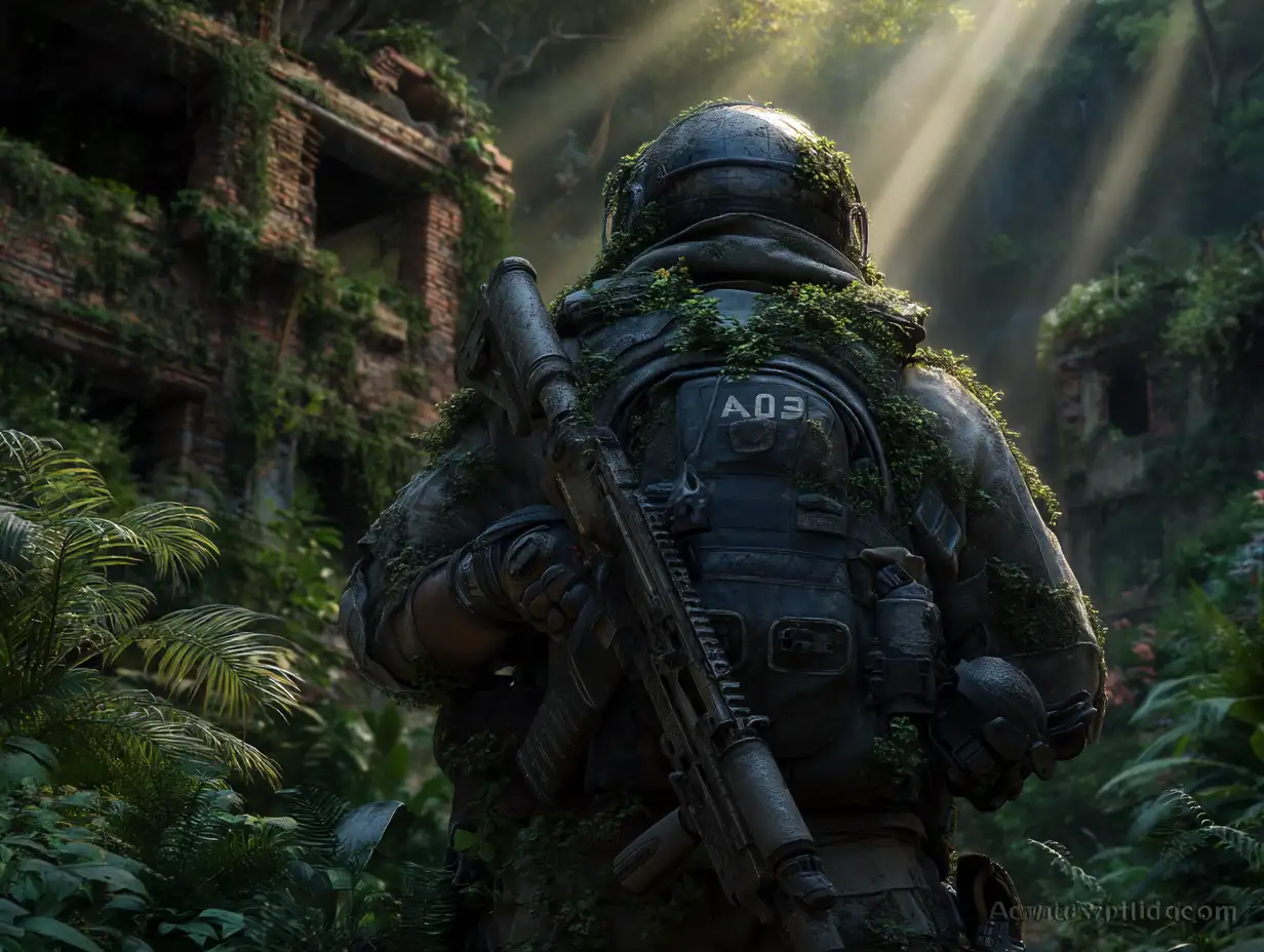 Masked survivor soldier holding a rifle, standing in overgrown city ruins, shafts of light through mist, cinematic realism